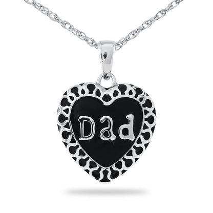 Silver heart-shaped pendant with the word Dad across the front, on a silver chain