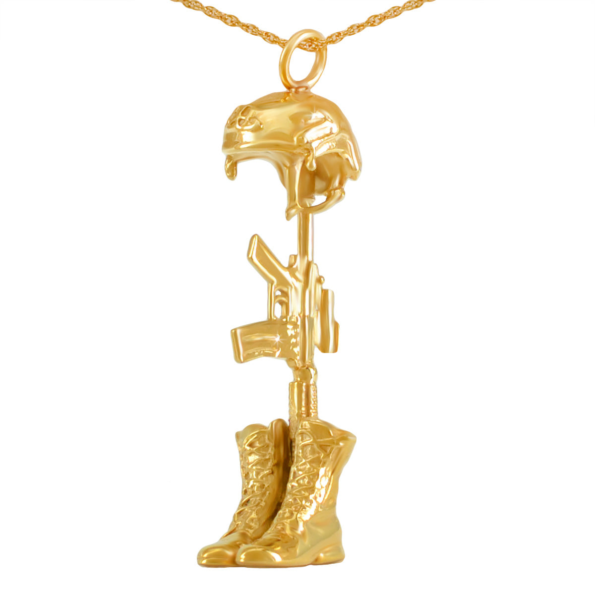 Tall narrow gold cremation pendant shaped as a battle cross with helmet, rifle and boots