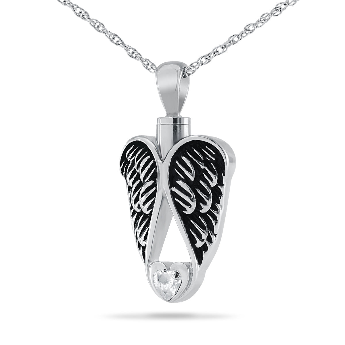 Silver heart pendant framed by two detailed feathered wings, on a silver chain