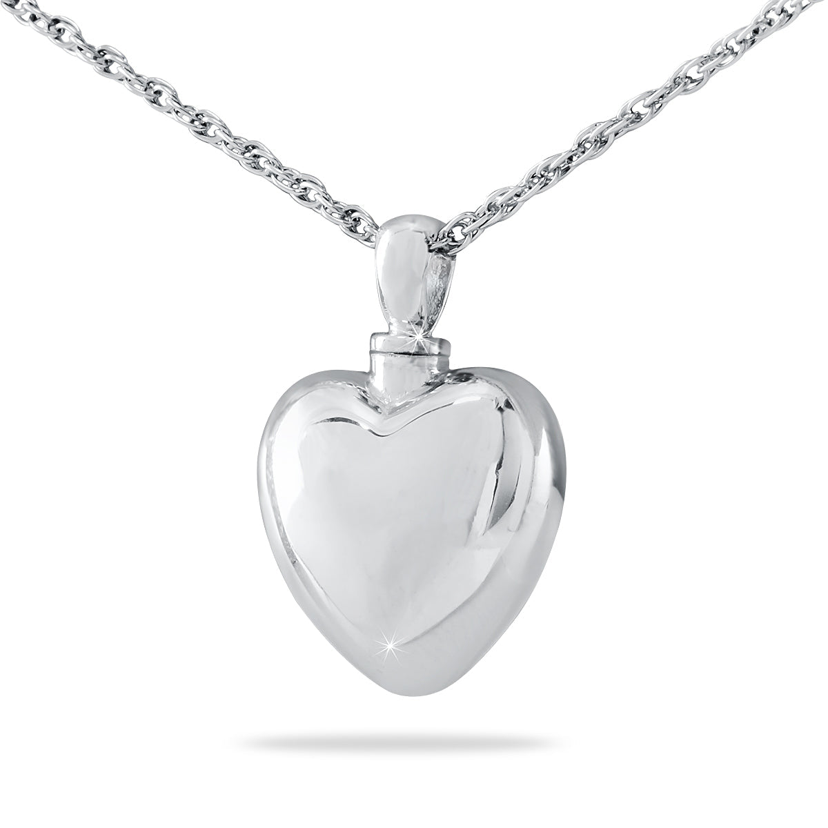 Silver heart-shaped pendant with the word Love cut into the front, on a silver chain