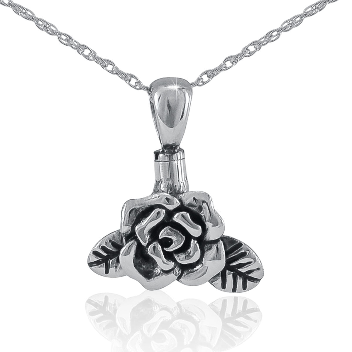 Small silver pendant shaped as a rose with layered petals in relief, on a silver chain