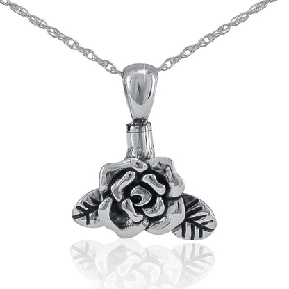 Small silver pendant shaped as a rose with layered petals in relief, on a silver chain