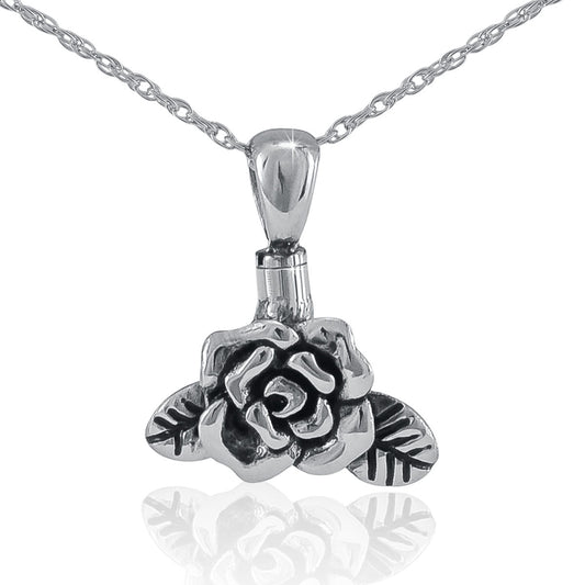 Small silver pendant shaped as a rose with layered petals in relief, on a silver chain
