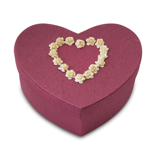 Deep burgundy heart-shaped biodegradable paper urn, ten inches wide with a low four-inch body