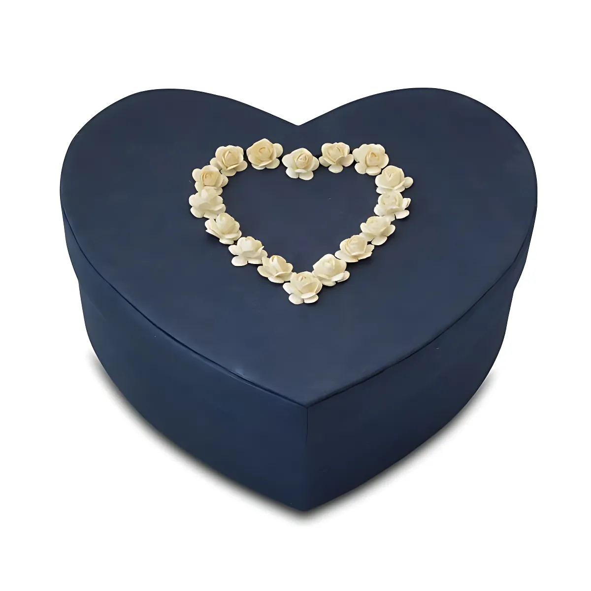 Blue heart-shaped biodegradable paper urn, ten inches wide and four inches tall, with a lift-off top