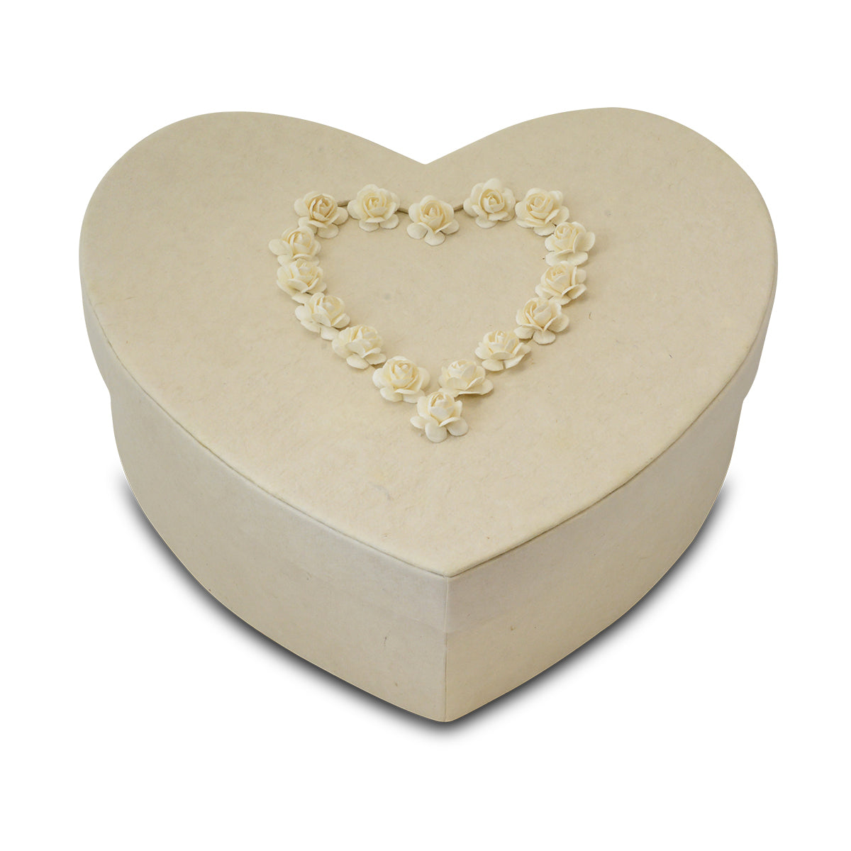 Ivory heart-shaped biodegradable paper urn, ten inches wide, pale matte finish with a lift-off lid