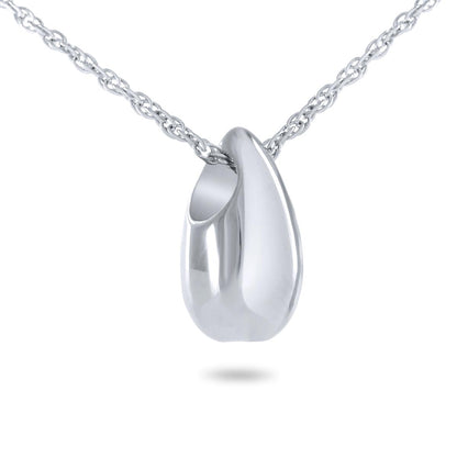 Small silver teardrop-shaped cremation pendant with a plain polished surface on a chain