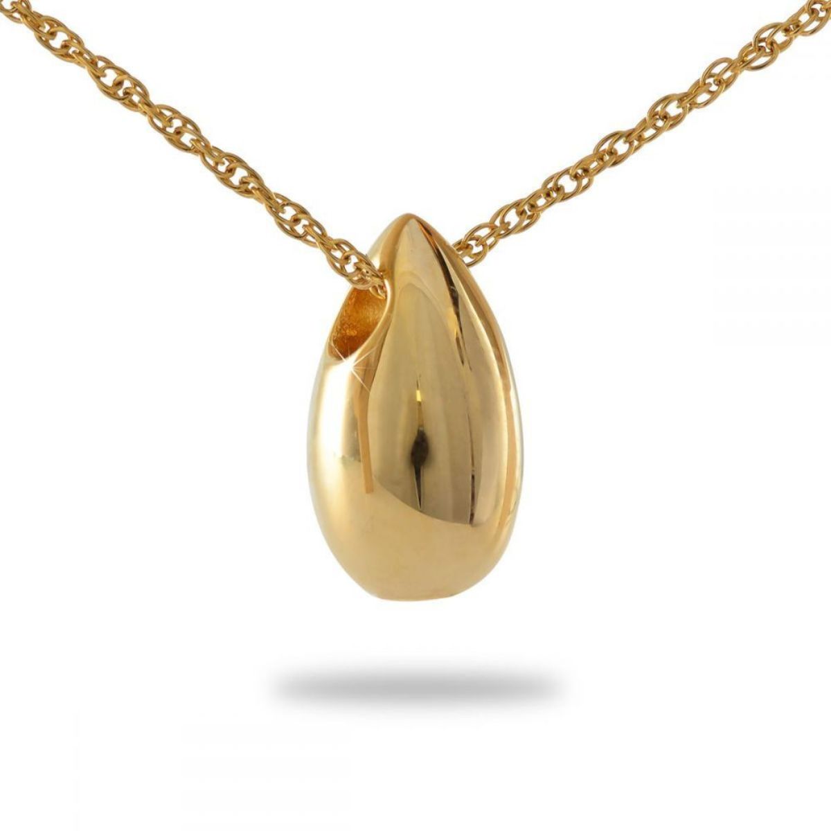 Small teardrop cremation pendant in gold-finished steel with a smooth polished surface