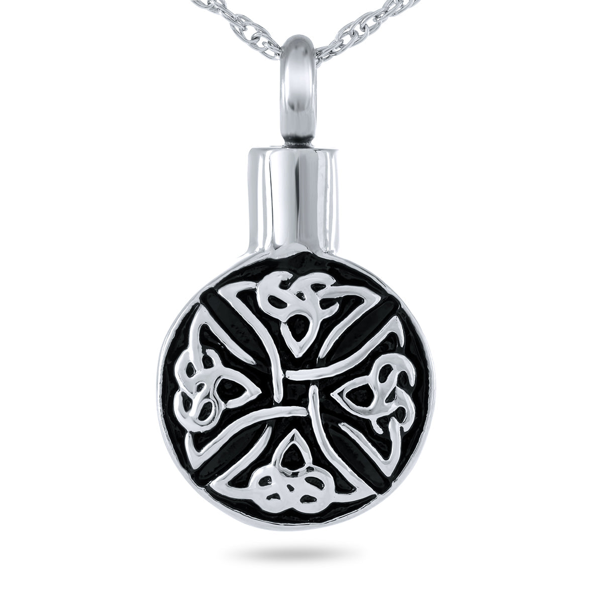 Stainless steel pendant with interlaced Celtic knotwork worked across the front face