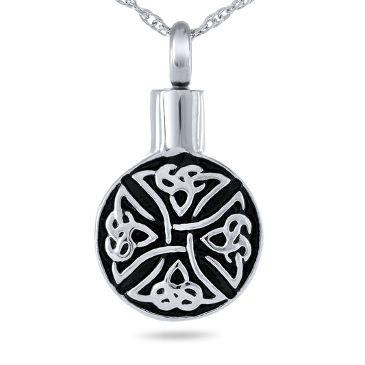 Stainless steel pendant with interlaced Celtic knotwork worked across the front face