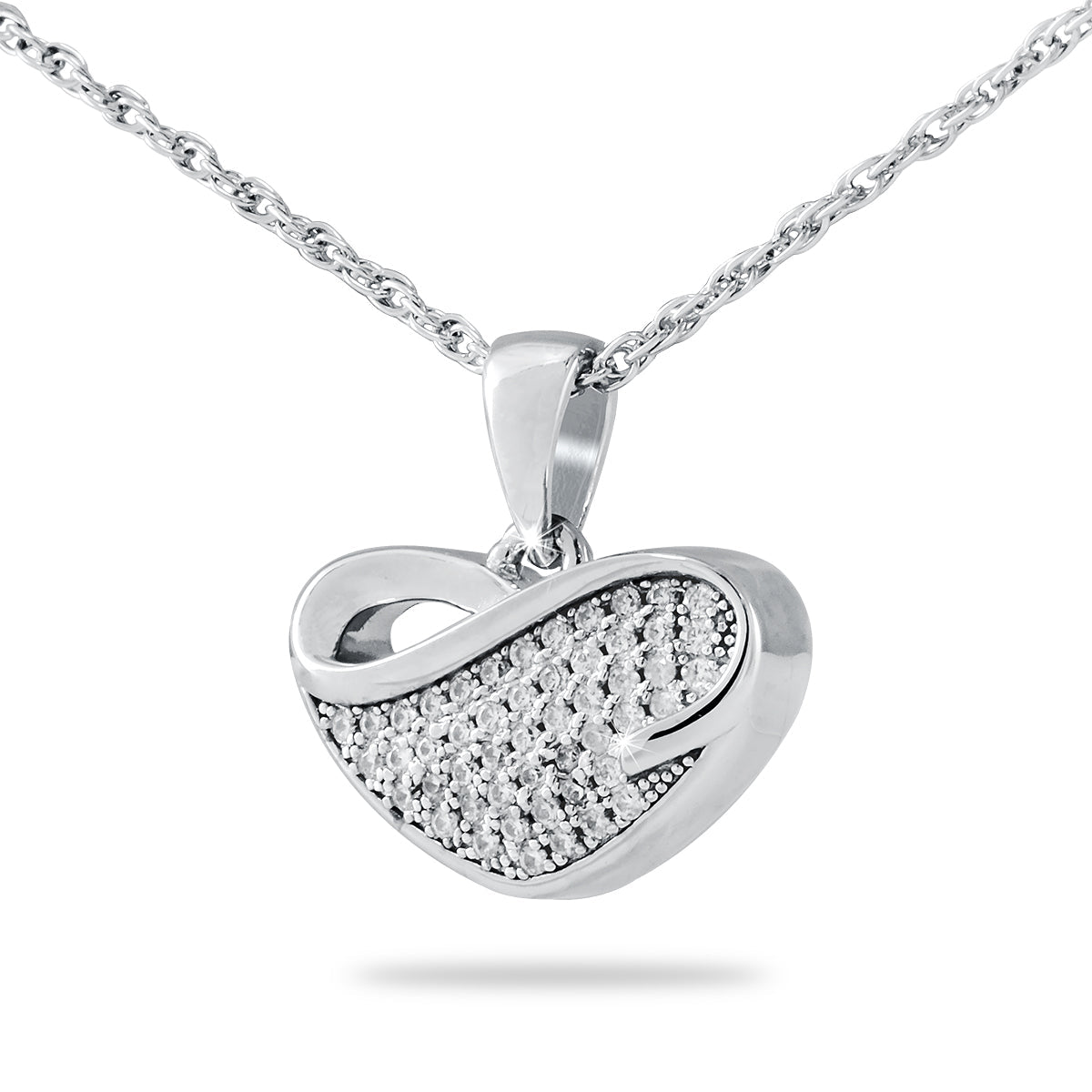 Small silver pendant set with a clear faceted crystal, on a polished silver chain