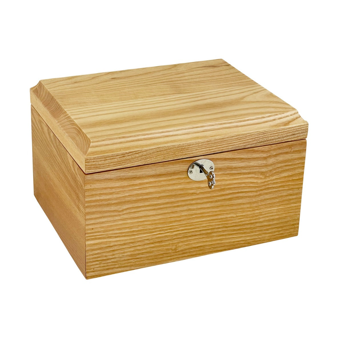 Light colored wooden cremation urn with a hinged lid and a small keyhole at the front