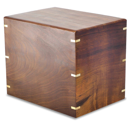 Wide wood companion urn with brass-finished trim and a flat-topped rectangular body