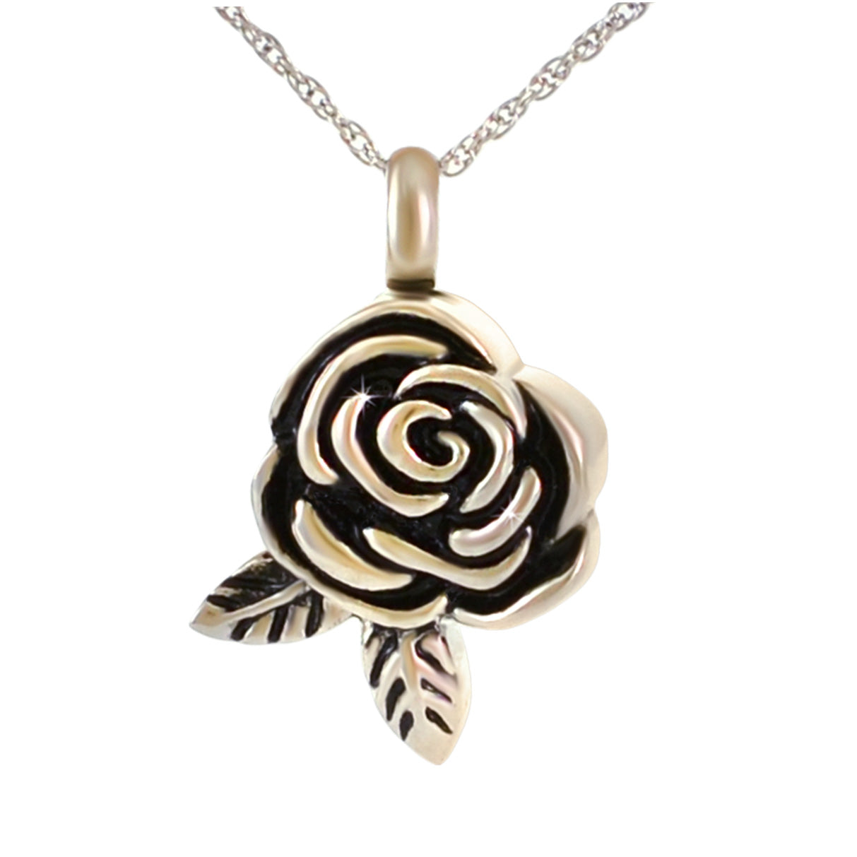 Small stainless steel pendant shaped as a rose with layered sculpted petals