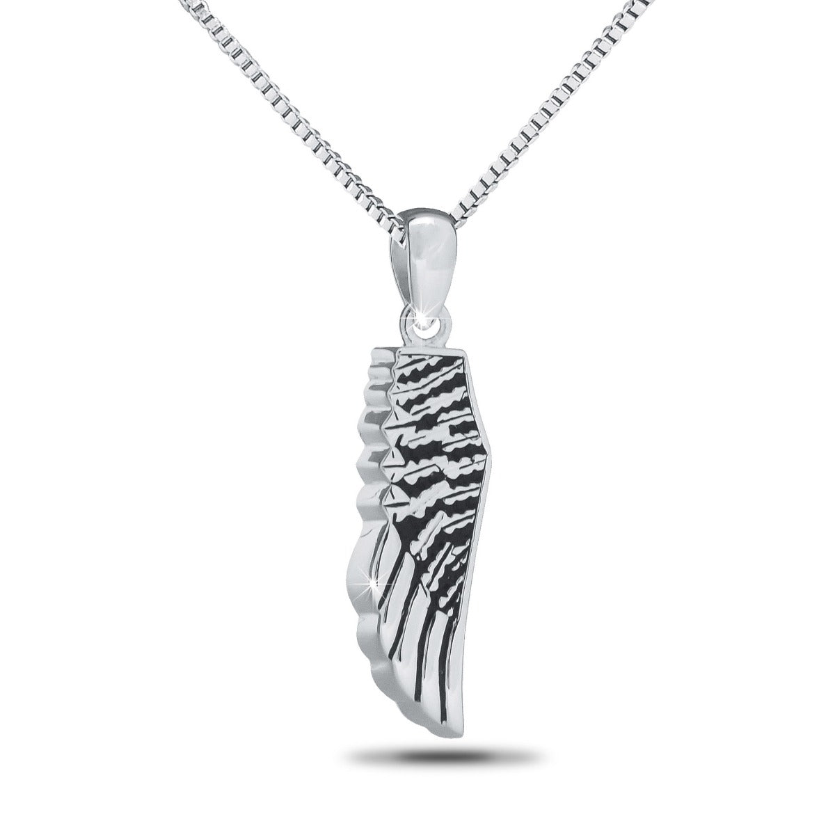 Silver angel wing pendant with feather detailing, an inch and a quarter tall, on a silver chain