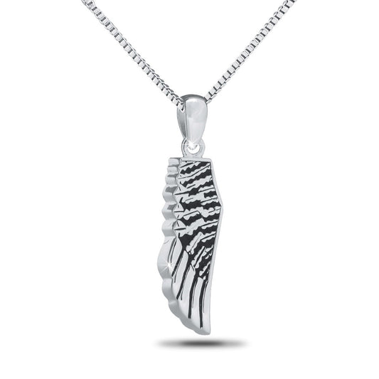 Silver angel wing pendant with feather detailing, an inch and a quarter tall, on a silver chain