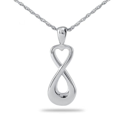 Silver heart pendant with a cut-out infinity loop across the front on a chain