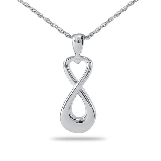 Silver heart pendant with a cut-out infinity loop across the front on a chain