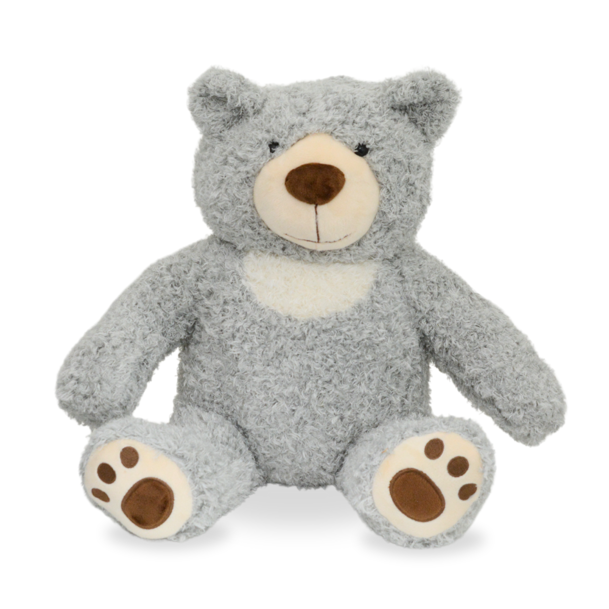 Soft gray plush teddy bear about twelve inches tall, sitting upright with a rounded head