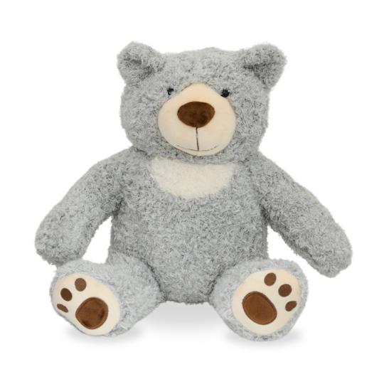 Soft gray plush teddy bear about twelve inches tall, sitting upright with a rounded head