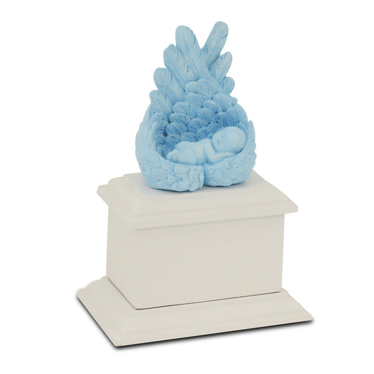 Low wooden infant urn with a soft blue finish, wider than it is tall, with a plain lid