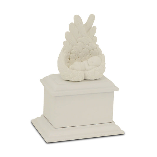 White painted wooden infant urn, low rectangular body with a flat fitted lid
