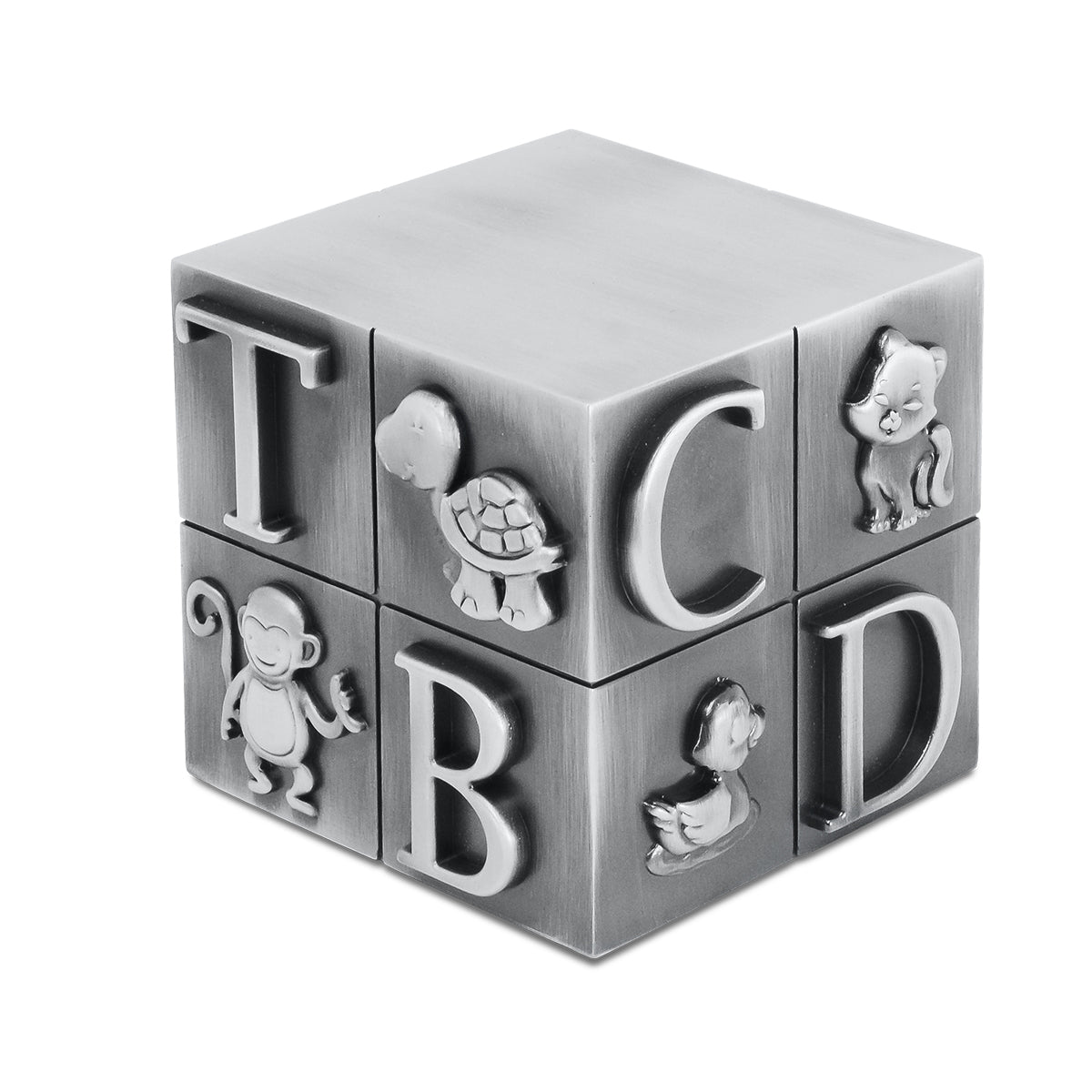 Small square metal infant urn with a smooth silver-grey finish and a level top