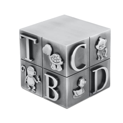 Small square metal infant urn with a smooth silver-grey finish and a level top
