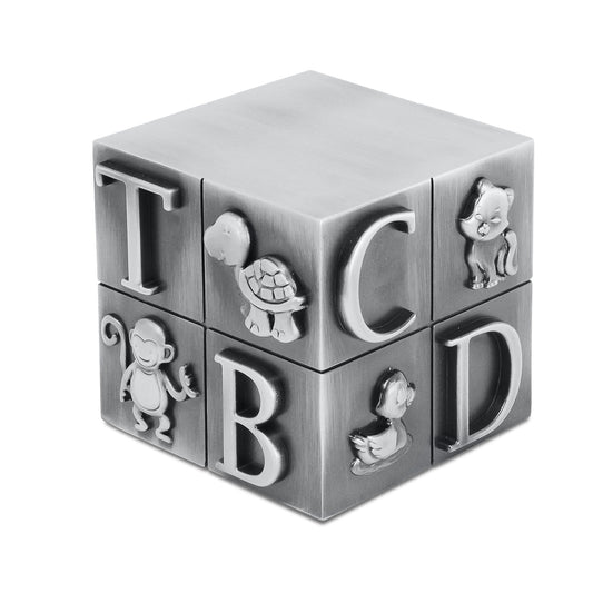 Small square metal infant urn with a smooth silver-grey finish and a level top