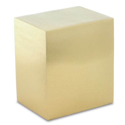 Low rectangular brass cremation urn with a plain gold finish and a flat close-fitting lid