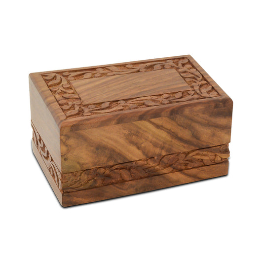 Medium wooden pet urn with plain square sides and a smooth natural wood finish