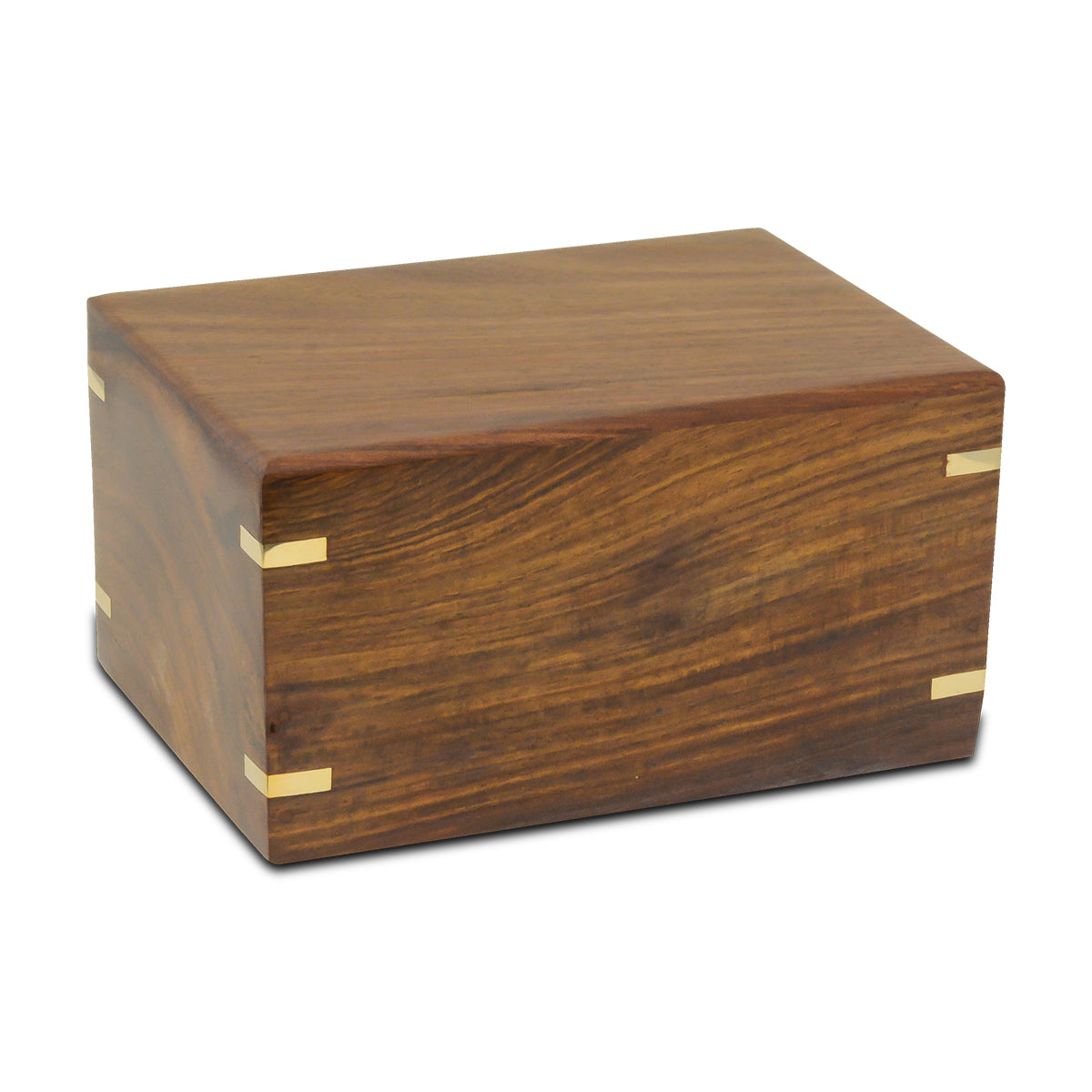 Large wooden pet urn with brass-finished detailing on a dark wood body