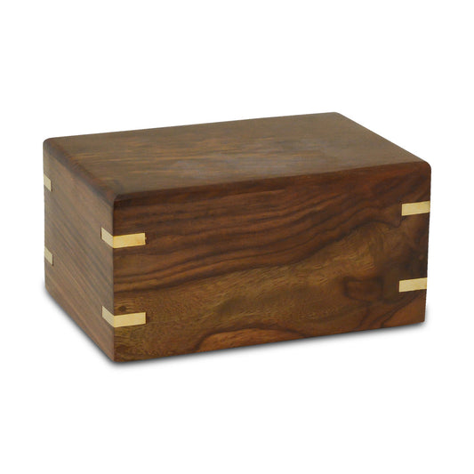 Medium wooden pet urn with brass-finished trim and a polished wood body