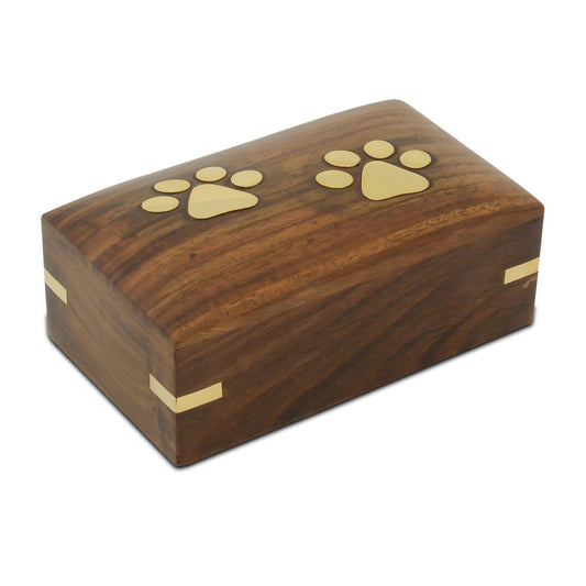 Small rectangular wooden pet urn with a printed Windsor pattern finish and flat lid