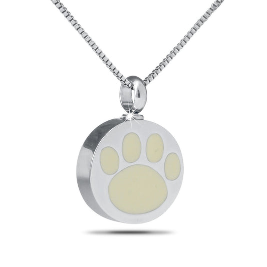 Brushed stainless steel paw print pendant, one inch tall, with four toes and a pad