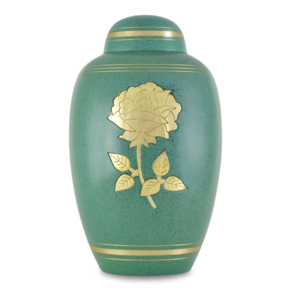 Green enamel brass cremation urn with raised gold roses climbing the front and a domed lid