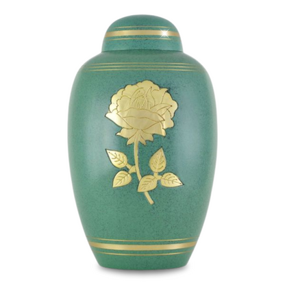 Green enamel brass cremation urn with raised gold roses climbing the front and a domed lid