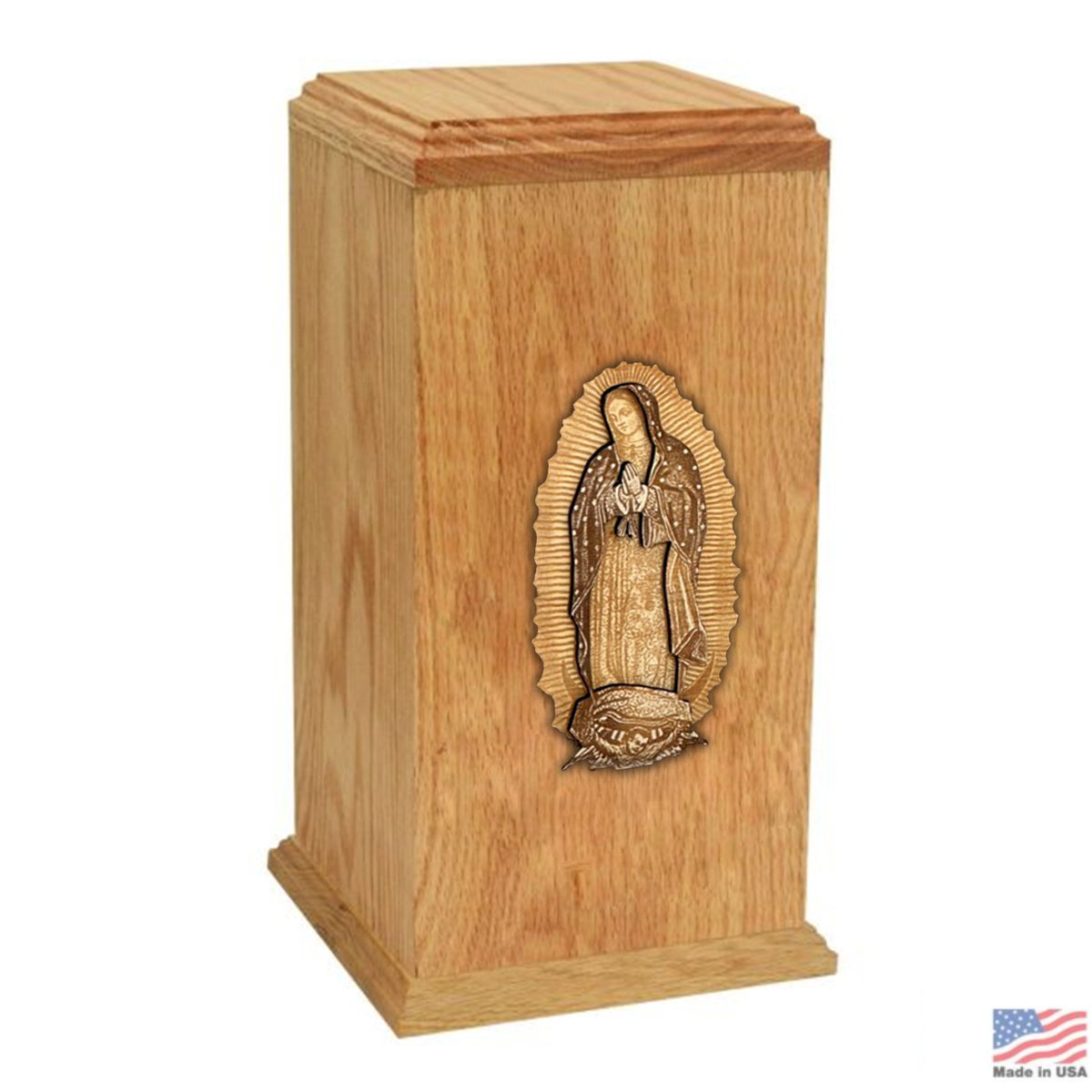 Oak column urn carved with Our Lady of Guadalupe surrounded by a mandorla of rays