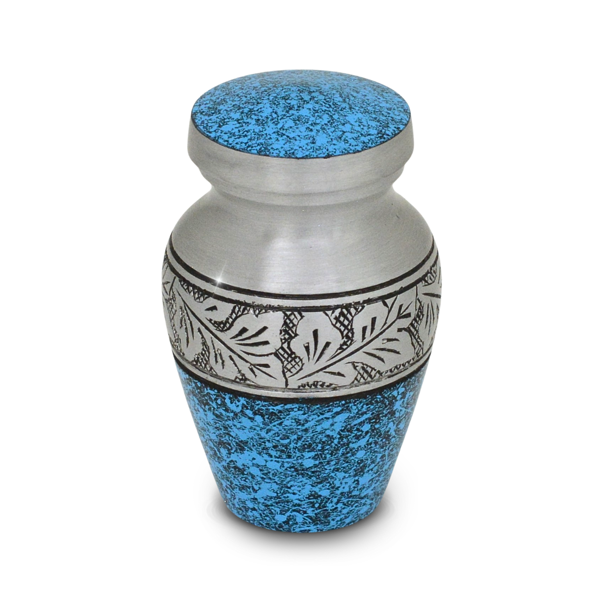Small keepsake urn in azure blue with a raised leaf motif across the body