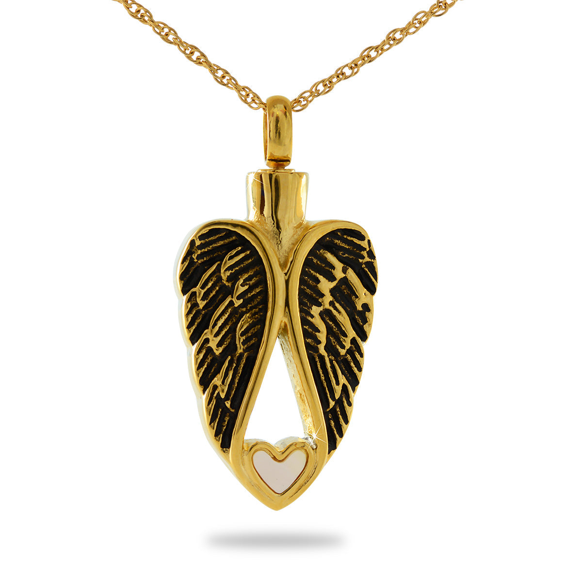 Gold heart-shaped cremation pendant with a single angel wing curving along one side