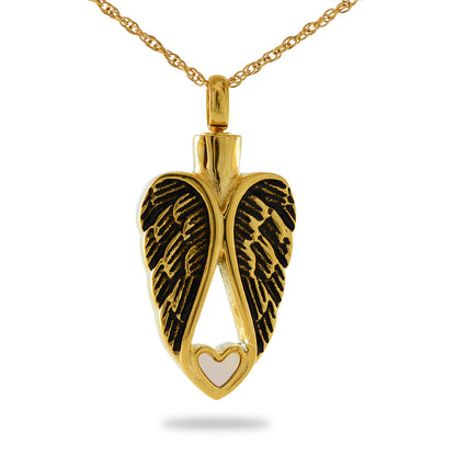 Gold heart-shaped cremation pendant with a single angel wing curving along one side