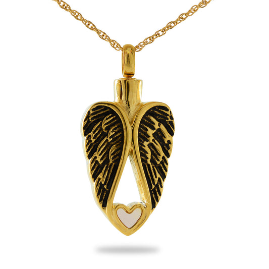 Gold heart-shaped cremation pendant with a single angel wing curving along one side