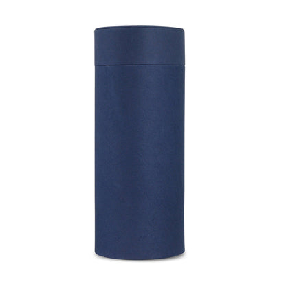 Mid-blue cylindrical scattering tube urn with matching lid