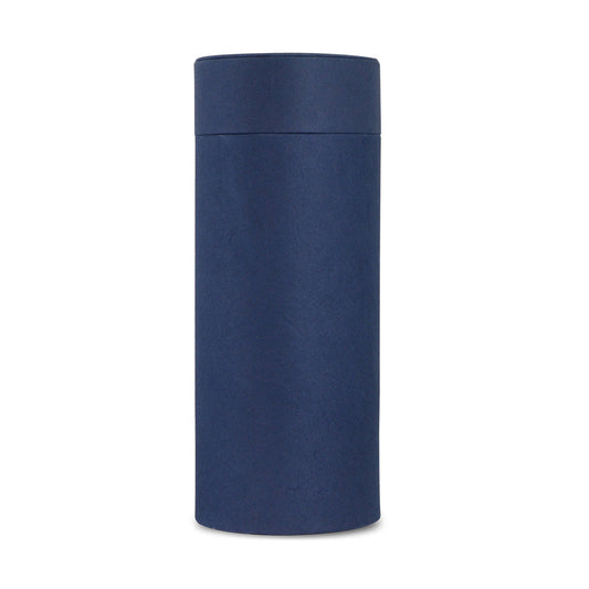 Mid-blue cylindrical scattering tube urn with matching lid