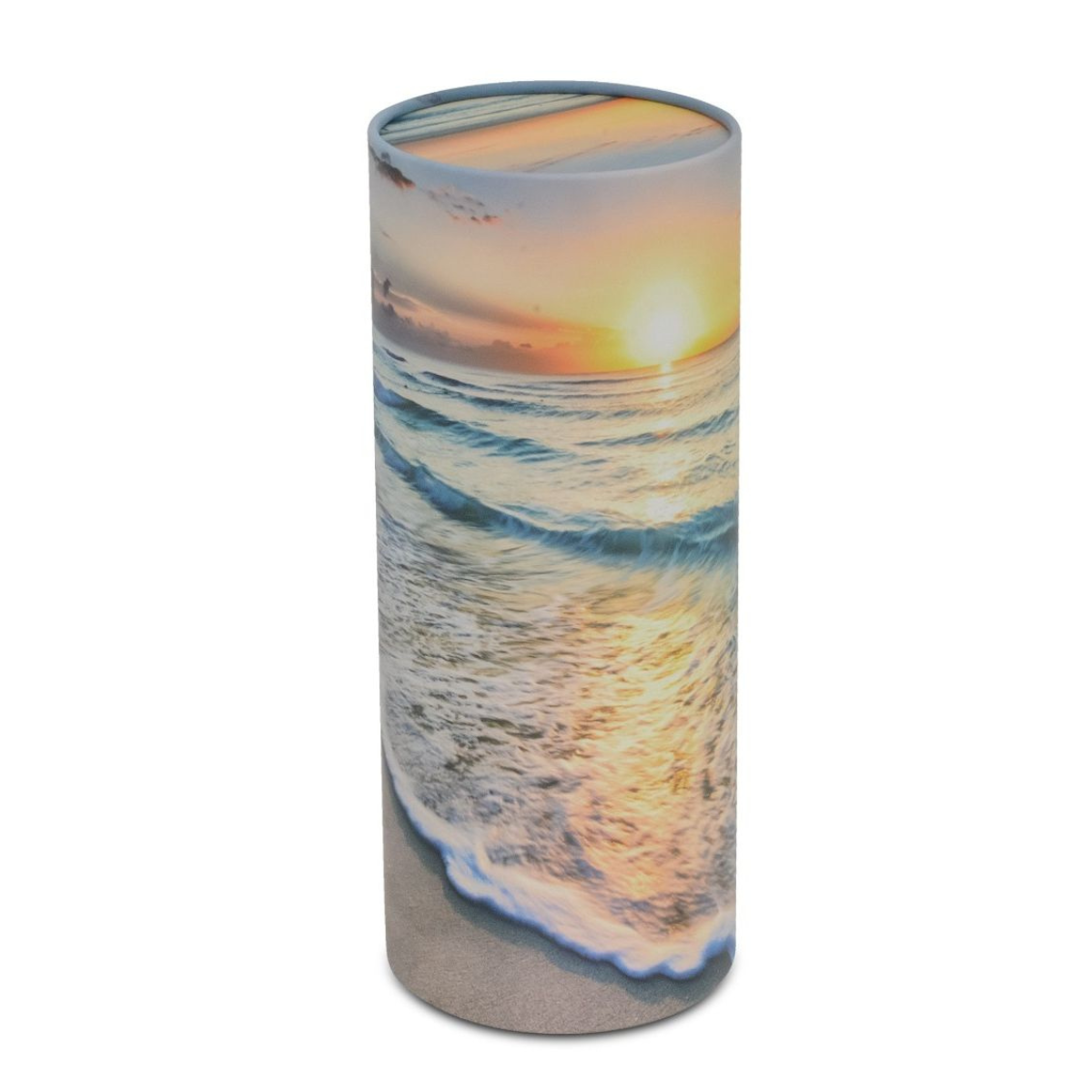 Cylindrical scattering urn printed with an orange and rose sunset gradient