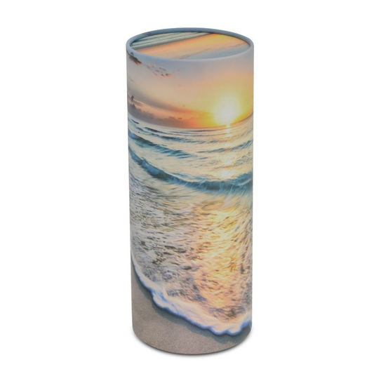 Cylindrical scattering urn printed with an orange and rose sunset gradient