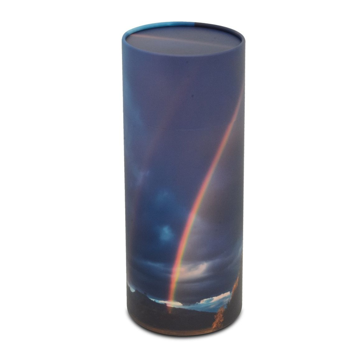 Cylindrical scattering urn wrapped in graded rainbow colour bands