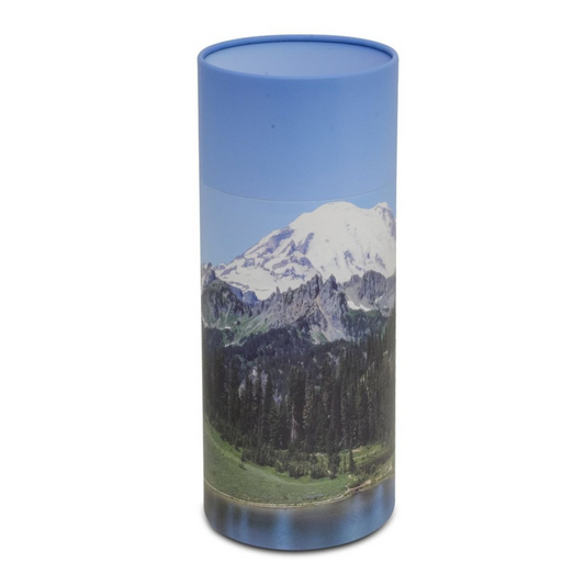 Cylindrical scattering urn printed with grey and green mountain ridgelines