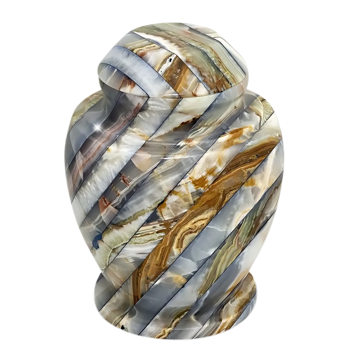 Onyx stone cremation urn with natural banding, rounded body and a lift-off stone lid