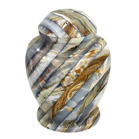 Onyx stone cremation urn with natural banding, rounded body and a lift-off stone lid